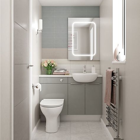 Wickes Vienna Grey Gloss Floor Standing or Wall Open Storage Unit - 300 mm | Wickes.co.uk Toilet And Sink Unit, Ensuite Ideas, Fitted Bathroom Furniture, Ensuite Shower Room, Small Bathroom Layout, Small Toilet Room, Shower Rooms, Small Bathroom Interior, Fitted Bathroom