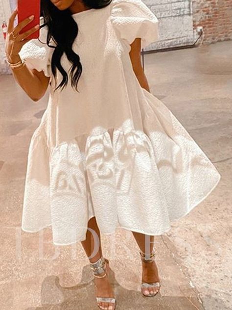 Pleated Mid-Calf Short Sleeve Round Neck High Waist Sweet Party/Cocktail Women's Dress White Cute Dress, Puff Shoulder Dress, Hubble Bubble, White Knee Length Dress, Cheap Dress, Dresses Ladies, Mid Calf Dresses, Ruffle Midi Dress, Long Sleeve Casual Dress