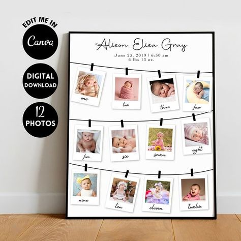 EDITABLE Custom Baby 1st birthday Photo Collage Template, 1st year Milestone, 12 months photo, Nursery Room Decor Baby 12 Month Frame Template, 1st Birthday Photo Collage, Baby Photo Collages, Insta Templates, Baby Collage, 12 Month Photos, 1st Birthday Photo, Birthday Photo Collage, Baby Photo Frames