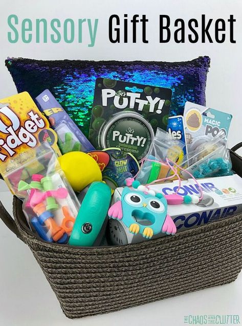 Sensory Gift Basket for the sensory seekers in your life #giftbasket #sensory #giftideas Best Toys For 2 Year, Sensory Basket, Toy Gift Basket, Toys For 2 Year, Road Trip Gifts, Sensory Seeker, Auction Basket, Diy Sensory, Raffle Basket