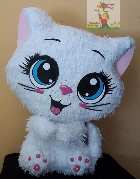 Cat Piñata Ideas, Cat Pinata Diy, Kitty Cat Birthday Party Decorations, Surprise Kat, Kat Surprise, 8th Birthday Cat Theme, Cat Pinata, Pinata Cat, Kitty Pinata