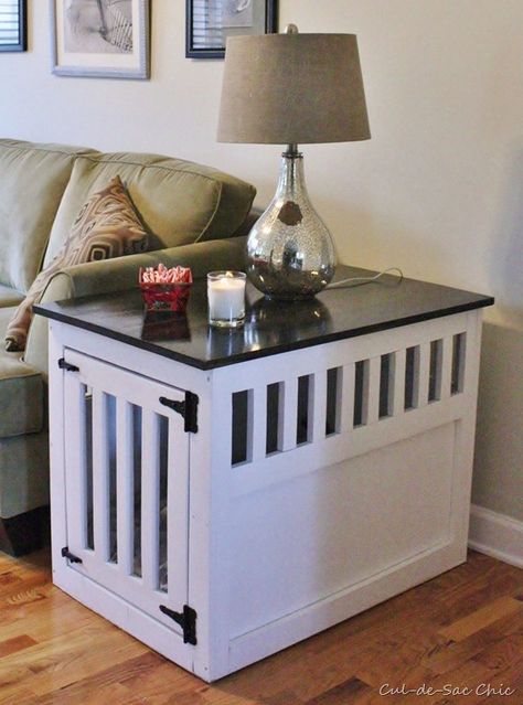 nice dog crate table...great for a mellow crate trained dog or puppy, Maybe not such a good idea for one that bumps around. (Picturing lamp shards, etc. all over.).  :D Dog Kennel End Table, Dog Crate End Table, Dog Crate Table, Indoor Dog Kennel, Crate End Tables, Build A Dog House, Diy Dog Crate, Dog Kennel Cover, Kennel Cover