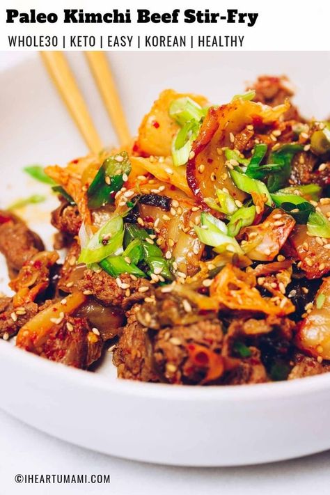 Easy and flavorful Paleo kimchi beef stir-fry with shaved beef steak, stir-fried in napa cabbage kimchi juice. This beef kimchi stir-fry is nutritious, low carb, and with minimal ingredients ready in 20 minutes! #PaleoKimchiBeef #Whole30KimchiBeef #KetoKimchiBeef #Kimchi #KimchiRecipes #KimchiStirFry #ProbioticFoods #ShavedBeef #BeefStirFry #ShavedBeefRecipes #Whole30Recipes #IHeartUmami Shaved Beef Recipes, Kimchi Beef, Beef Recipes Keto, Enchiladas Potosinas, Shaved Beef, Cabbage Kimchi, Low Carb Meal Prep, Kimchi Recipe, Boiled Egg Diet Plan