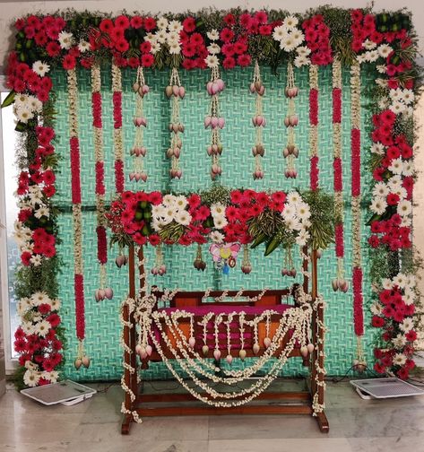 decor by Sangam cine decorator 9666447331 9338349999 Uyala Function Decoration, Barasala Decoration Ideas, Barasala Backdrop Decoration, 21st Day Decoration Ideas Indian, Barasala Photos, Naming Ceremony Decorations Indian, Naamkaran Decoration Ideas, Barasala Decoration, Uyyala Function