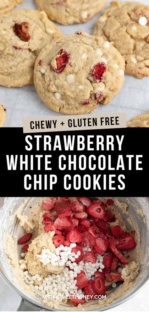 These perfectly sweet strawberries and cream cookies are made gluten free and dairy free so everyone can enjoy them! #cookies #glutenfree #dairyfree Gluten Free Strawberry Cookies, Strawberry White Chocolate Chip Cookies, Strawberry Cookie Recipe, Dairy Free White Chocolate, Best Gluten Free Cookies, Strawberry White Chocolate, White Chocolate Strawberries, Cookies Gluten Free, Gluten Free Cookie Recipes