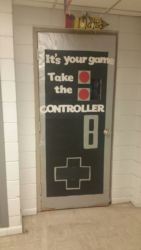 Video game classroom decoration door Nintendo controller Tetris Classroom Door, Board Game Theme Classroom Doors, Video Game Theme Bulletin Board Ideas, Video Game Classroom Door, Tetris Classroom Theme, Gaming Door Decorations, Super Mario Brothers Classroom Theme, Videogame Classroom Theme, Video Game Theme Classroom Bulletin Boards