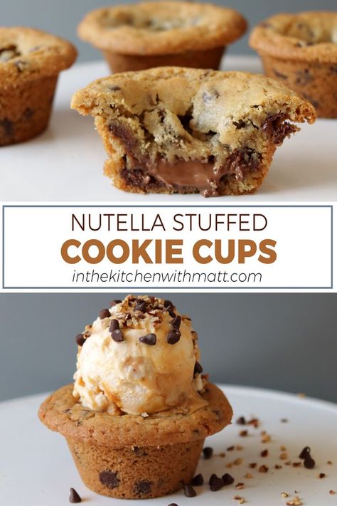 Chocolate chip cookie cups stuffed with Nutella on a white plate. Fruit Whipped Cream, Cookie Dough Cups, How To Make Nutella, Chocolate Chip Cookie Cups, Awesome Desserts, Turnover Recipes, Homemade Cookie, Dessert Board, Sweet Breakfast Treats