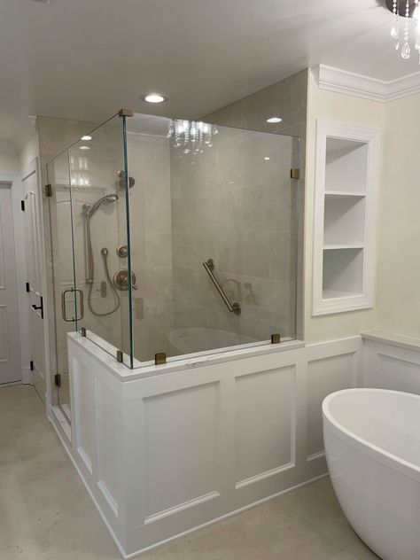 Complete Master Bathroom Reno - Modern - Bathroom - DC Metro - by Easy Renovations | Houzz Knee Wall Bathroom, Shower Knee Wall, Wall Pictures Ideas, Easy Renovations, Painting Bathroom Cabinets, Master Bath Shower, Glass Shower Doors Frameless, Knee Wall, Shower Lighting