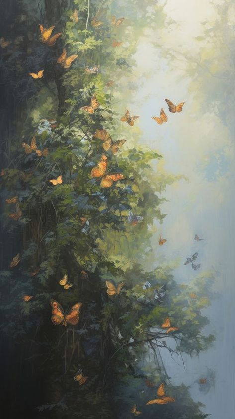 Acrylic paint of butterfiles in garden outdoors painting nature. | premium image by rawpixel.com / Porramate Aesthetic Garden Painting, Fairytale Forest Art, Painting Phone Background, Gardencore Wallpaper, Butterfly Field Painting, 4x6 Prints Aesthetic, Botanical Art Painting, Butterfly Garden Painting, Enchanted Garden Painting