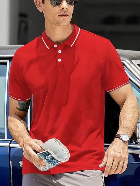 Men Contrast Trim Polo Shirt | SHEIN USA Men’s Red Outfit, Red Polo Outfit, Red Polo Shirt Outfit Men, Red Polo Shirt Outfit, Red Color Outfits, Red Shirt Outfits, Polo Outfit Men, Polo Shirt Outfit Men, Men Essentials