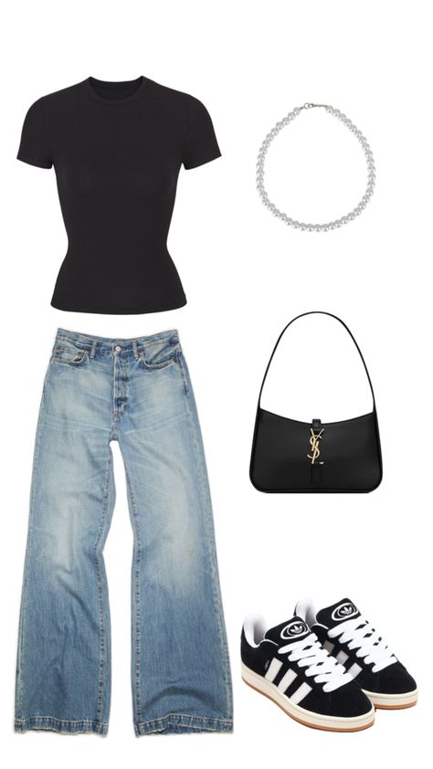 For summer outfit, cute, black tshirt, jeans, cute jeans, cute shirt Shirts To Wear With Black Jeans, Cami Top Outfit Ideas, Outfits With Black Jeans For School, What To Wear With Dark Blue Jeans, How To Style Dark Blue Jeans, Black Shirt Outfit Ideas, Simple Outfit Ideas For School, Outfit Ideas With Black Jeans, Outfits With Black Jeans