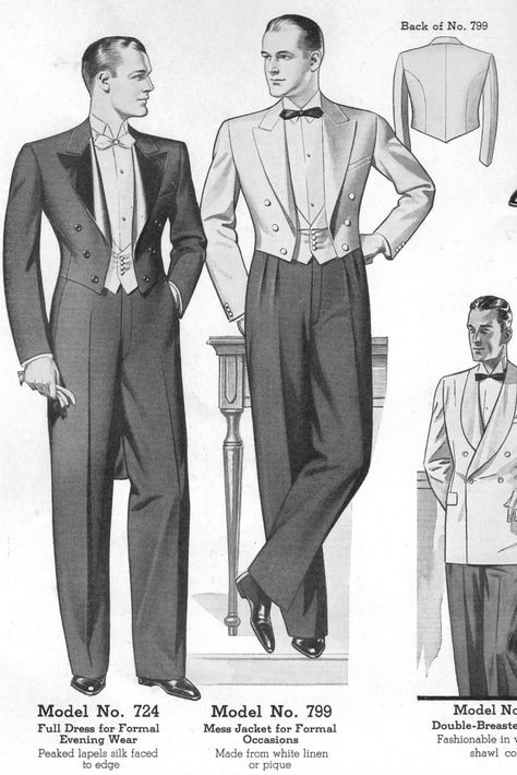 Classic Formal Attire  1930s from Chicago Woolen Mills 1936 Catalog 1930s Fashion Men Suits, 1930s Men’s Fashion, 1930s Formal Fashion, 1935 Mens Fashion, Vintage Man Drawing, 20s Suit, Art Deco Fashion Men, Old Hollywood Glamour Men Fashion, 1930s Male Fashion