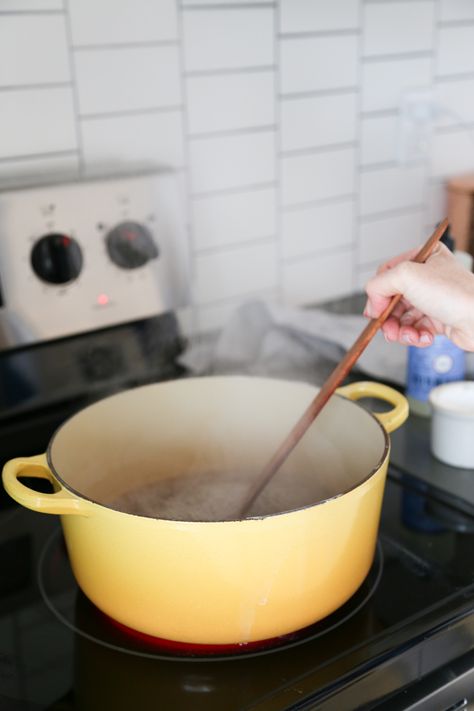 Learn how to clean an enameled cast iron dutch oven with baking soda. It will get rid of any stains and stuck on food without ruining your enameled pot. | platingsandpairings.com How To Clean Porcelain Cast Iron Pot, Baking Powder For Cleaning, Iron Cleaning, Oven Cleaning Hacks, Cleaning Diy, Enamel Dutch Oven, Cast Iron Cleaning, Baking Powder Uses, Enamel Cookware