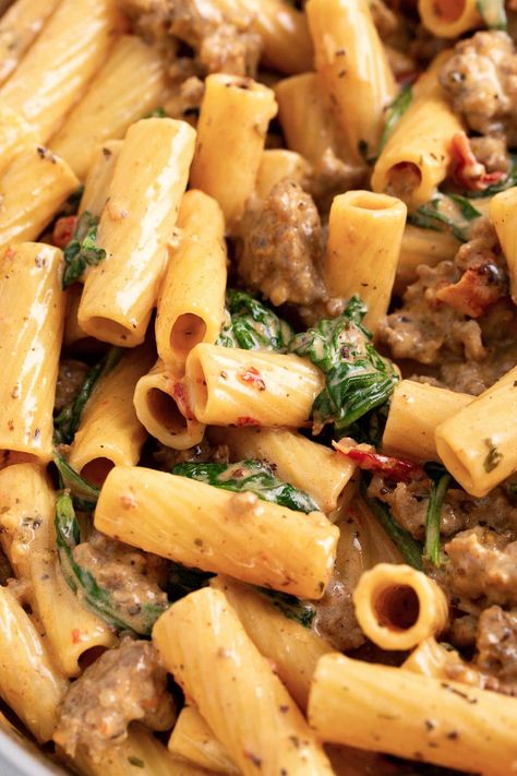 Creamy Tuscan Sausage Pasta, Tuscan Sausage Pasta, Pasta Italian Sausage, Tuscan Sausage, Creamy Sausage Pasta, Sausage Spinach Pasta, Garlic Parmesan Pasta, Sausage Rigatoni, Spinach And Mushrooms