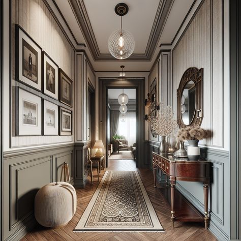 The hallway should have worn wooden flooring with an elegant runner rug. Various antique furniture items, such as a vintage mahogany console table and an art-deco mirror, should be present. To add a touch of modernity, incorporate elements like minimalistic pendant lighting and subtly patterned wallpaper. The walls should be adorned with an assortment of framed black and white photographs. Old Money Hallway, Old Money Entryway, Vintage Hallway Ideas, Foyer Trim Ideas Entryway, Long Foyer Ideas Entryway, French Hallway, Long Foyer, Hallway Decor Ideas, Style Hallway