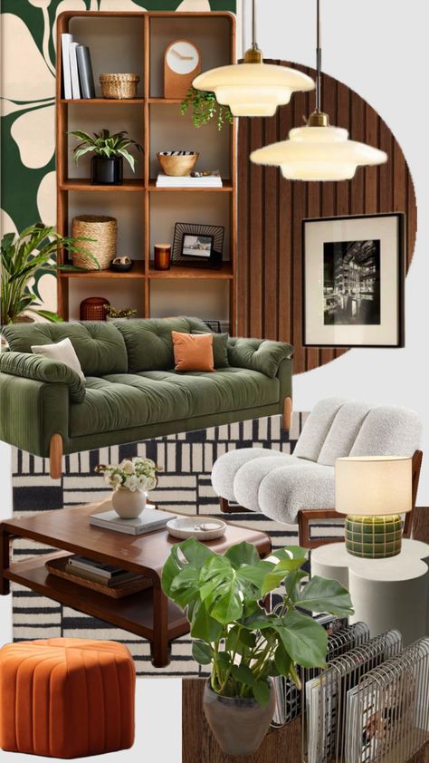 Mid-Century Modern Interior Scheme #Interior #midcenturymodern Mid Century Modern Mood Board, Modern Mood Board, Eclectic Mid Century Modern, Mcm Interior, Mid Century Modern Living Room Decor, 70s Home, Interior Design Courses, Interior Design Boards, Apartment Projects