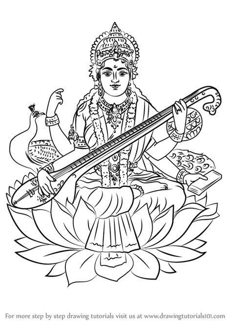 Step by Step How to Draw Saraswathi ati : DrawingTutorials101.com Saraswati Painting, Pencil Drawing Pictures, Buddhist Art Drawing, Boho Art Drawings, Learn Drawing, Indian Paintings, Indian Art Paintings, Art Drawings Sketches Creative, Hindu God