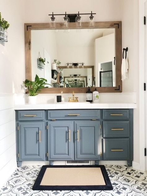 Bathroom Vanity Cabinet Color Trends for 2020 | Hunker Diy Bathroom Reno, Design Interior Baie, Spiegel Diy, Bathroom Cabinets Diy, Bathroom Mirror Frame, Bilik Air, Bad Inspiration, Builder Grade, Blue Cabinets