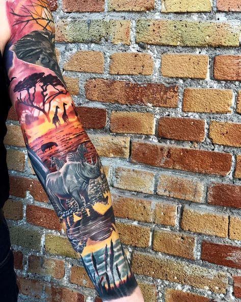 Beautiful Africa Sleeve African Safari Tattoo Sleeve, Safari Animal Tattoos Sleeve, African Jungle Tattoo, African Landscape Tattoo, Africa Sleeve Tattoo, African Back Tattoo, Safari Tattoo Design, African Safari Tattoo, Wild Animal Tattoos