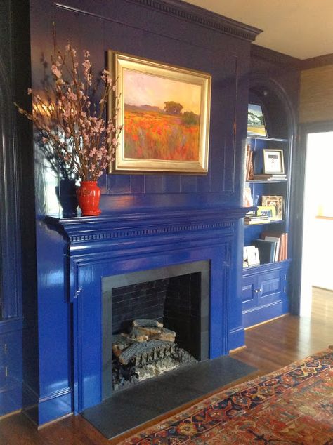 ** Cobalt blue lacquer fireplace Royal Blue Fireplace, Blue Fireplace Mantel, Blue Fireplace, Fireplace Paint, Painted Mantle, Painted Built Ins, Blue Shelves, Fireplace Room, Living Room Fireplace