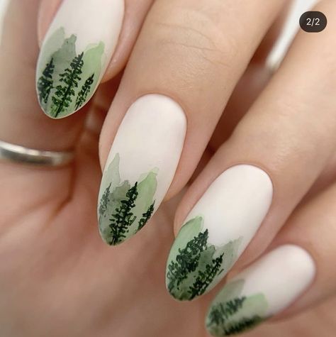 #winternails #winternails2023 #winternailsacrylic #shortwinternails2024 #elegantwinternails #simplewinternails #cutewinternails #winternailsshort #nails #nail #nailsideas #nailsdesign Forest Nail Art Trees, Forest Aesthetic Nails, Eucalyptus Nail Art, Woodland Theme Nails, Green Tree Nails, Forest Themed Nails, Wilderness Nails, Camping Themed Nails, Mountain Nail Art Design