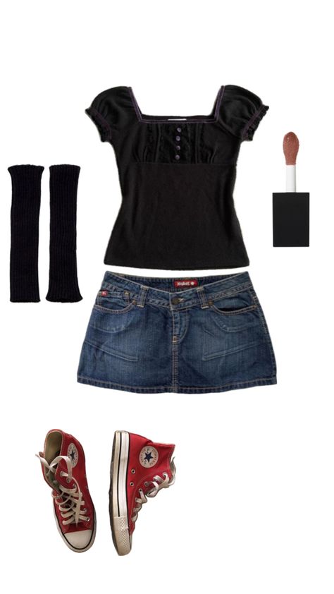 red converse w denim skirt and a dark coquette black top Coquette Black, Dark Coquette, Pretty Aesthetic, Red Converse, Aesthetic Picture, Jean Skirt, Black Top, Denim Skirt, Converse