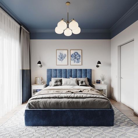 Bedroom Ideas | Bedroom decorations | Bedroom design | Bedroom photography | Bedroom idea Blue Bedroom Design, Unique Bedroom Design, Bed Interior, Blue Bedroom Decor, Dekorasi Kamar Tidur, Bedroom Decor Design, Bedroom Furniture Design, Bedroom Layouts, Small Room Bedroom