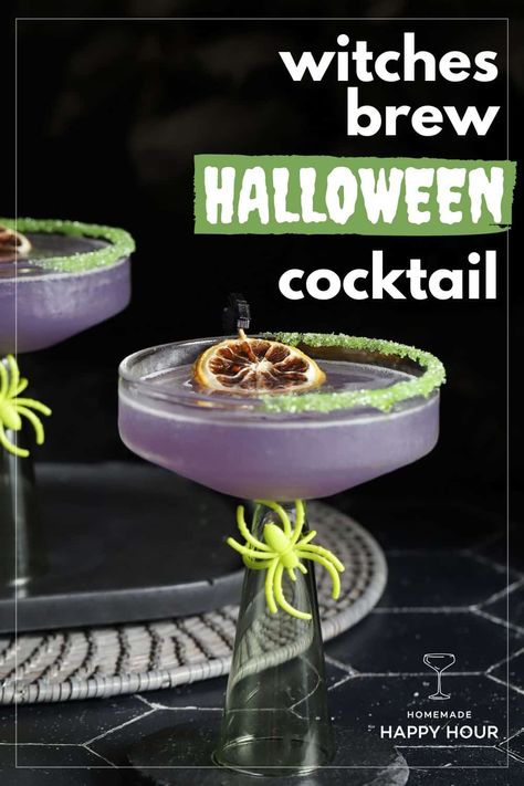 An easy, 4 ingredient purple drink, this Wicked Witches Brew Cocktail uses indigo gin and creme de violette for a perfect sip for Halloween and beyond. Purple Gin Cocktail, Halloween Gin Cocktails, Hypnotic Drinks, Witches Brew Cocktail, Cocktails Made With Gin, Spooky Recipes, Purple Drink, Halloween Punch Recipes, Delicious Halloween Treats