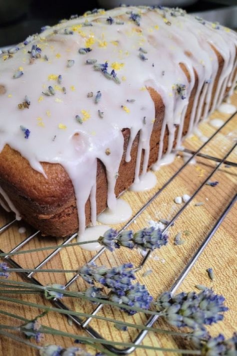 Lavender Lemon Bread, Lemon Lavender Desserts, Lemon Lavender Loaf Cake, Lemon Lavender Pound Cake, Lemon Lavender Loaf, Lemon Lavender Recipes, Lemon Loaf Aesthetic, Summer Loaf Cake, Lammas Desserts