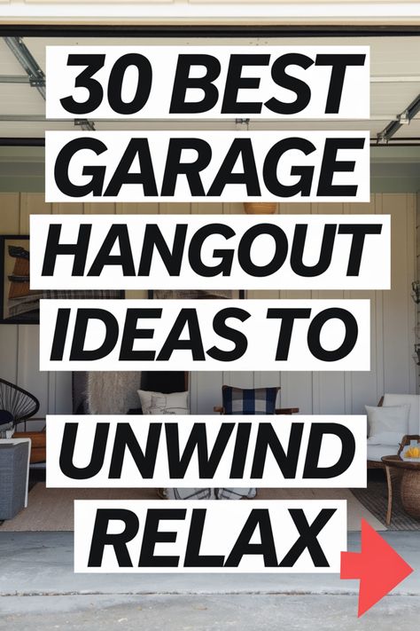 "30 Best Garage Hangout Ideas to Unwind and Relax" text overlay on a cozy garage interior. Gaming Garage Ideas, Garage Stereo Ideas, Man Cave In Garage Ideas, Diy Garage Into Living Space, Garage Man Cave Bar Ideas, Garage Sports Bar, Enclose Garage Ideas, Garage Office Conversion Ideas, Garage To Game Room Ideas