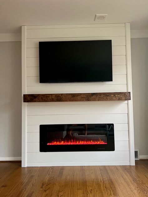 Shiplap Fireplace With Electric Insert, White Shiplap Walls Living Room Tv, Shiplapped Tv Wall, Shiplap Entertainment Wall Living Room, Shiplap Fireplace Wall With Wood Mantle, Living Room Shiplap Fireplace, Tv Fireplace Wall Ideas Built Ins Shiplap, Shipload Fireplace, Small Fireplace Wall Ideas