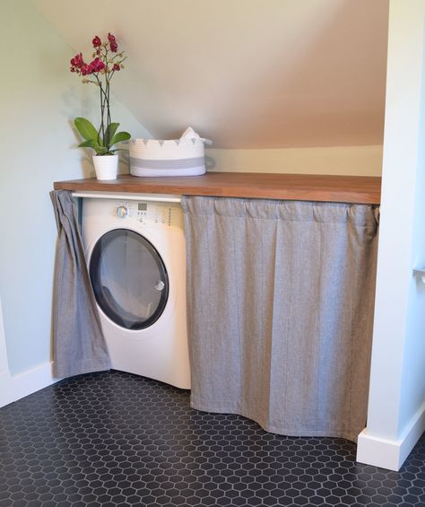 Hidden laundry in bathroom. Washer and dryer under counter with curtains. Hidden Laundry In Bathroom, Bathroom Washer And Dryer, Hide Washer And Dryer, Hidden Laundry Rooms, Laundry Room Stackable, Washer And Dryer Covers, Laundry Nook, Laundry Room Storage Shelves, Hidden Laundry