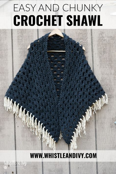 Crochet Shawl With Tassels, Crochet Chunky Shawl Pattern Free, Crochet Pattern Poncho Free, Chunky Yarn Shawl Crochet Pattern Free, Granny Square Crochet Shawl Pattern, Chunky Shawl Crochet Pattern, Chunky Yarn Shawl, Easy Chunky Yarn Crochet Projects, Quick Crochet Shawl