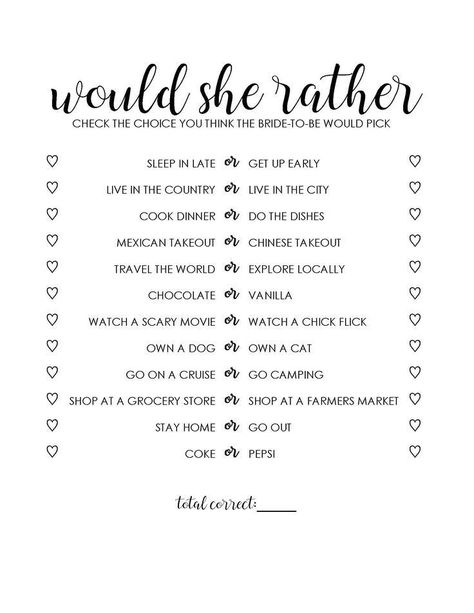 Bachelorette Printables Free, Bridal Shower Games This Or That, Would The Bride Rather Game, Bridal Would She Rather, Bridal Shower Games Would She Rather, Bridal Shower Game Would She Rather, Brid Shower Ideas, Would She Rather Bachelorette Game, Bridal Shower Questions For Bride