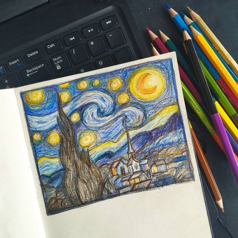 I was pleasantly surprised with the outcome of this art practice. Have u ever been to stationary stores just to feel happy and then implusively buy random stationary convincing yourself that u will need it someday?! 🤭🤭 These colour pencils were one of such purchases! 😅 Tell me what was your latest guilty purchases or how do u stop urself! 🤗 #artpractice #vangogh #thestarrynight #starrynight #practicemakesperfect #colourpencil #fabercastell #fabercastellcolorpencils #draw #art #colorpencilart Crayons Artwork, Van Gogh Drawings, فنسنت فان جوخ, Color Pencil Sketch, Color Pencil Illustration, Sky Art Painting, Posca Art, Arte Van Gogh, The Starry Night