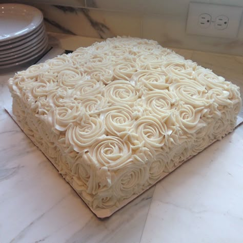 Simple square buttercream  rosette cake! Square Rosette Cake, Cake Squares Decoration, Square Cake Decoration, Simple Square Cake, Rosette Sheet Cake, Square Cake Decorating, Square Buttercream Cake, Square Cake Designs, Buttercream Rosette Cake