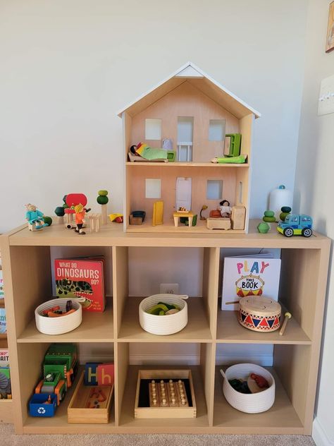 Playroom Toy Rotation, Toy Rotation Shelf, Montessori Toy Organization, Toy Rotation Ideas, Montessori Toy Rotation, Playroom Aesthetic, Camp Nursery, Montessori Shelf Ideas, Toy Rotation System