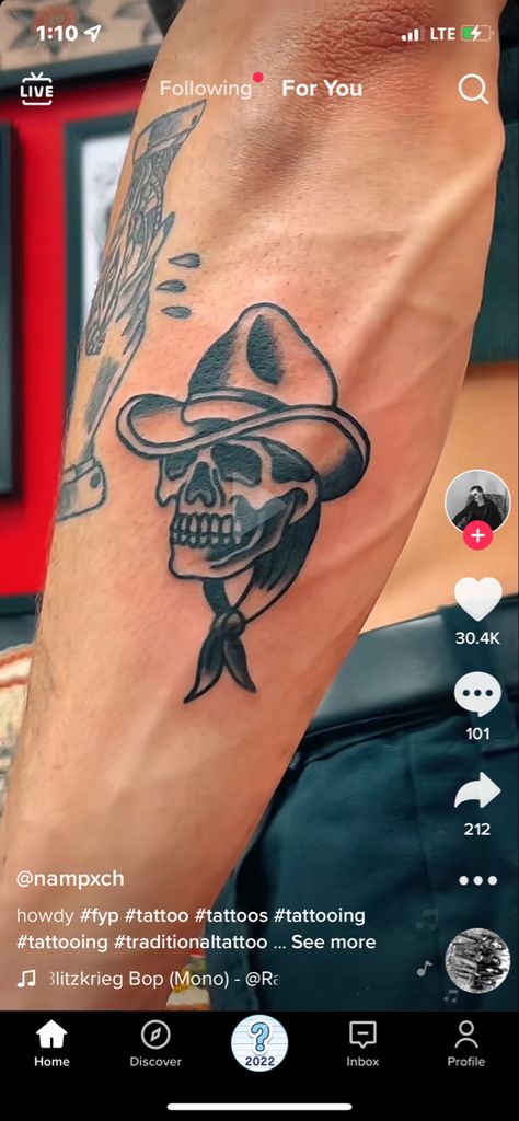 Cowboy Hat American Traditional Tattoo, Skeleton With Cowboy Hat Tattoo, Skull Cowboy Tattoo, Skull Wearing Cowboy Hat Tattoo, American Traditional Skull Cowboy, Skeleton Head, Traditional Tattoo, Tatting, Cowboy