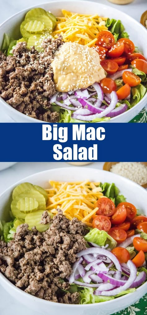 Big Mac Chopped Salad, Hamburger Salad Dressing, Big Mac Salad Bowl, Amazing Salad Recipes, Big Mac Bowl, Big Mac Salad Recipe, Hamburger Chicken, Easy Homemade Salad, Hamburger Salad