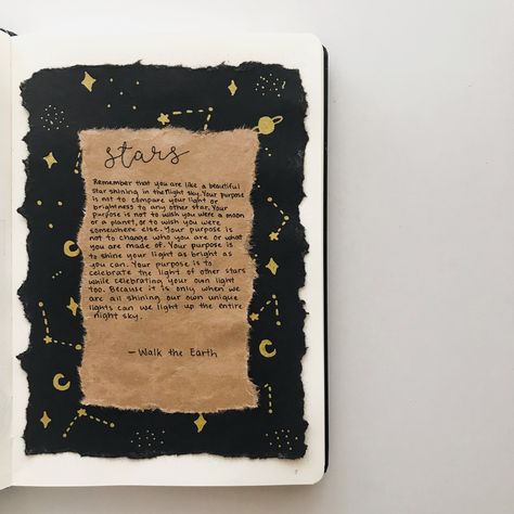 Space Journal Aesthetic, Journaling Astethic, Aesthetic Introduction Page For Project, Black Chart Paper Art, Space Themed Bullet Journal, Stars Poem, Journal Creative Ideas, Creative Journal Pages, Journal Art Ideas