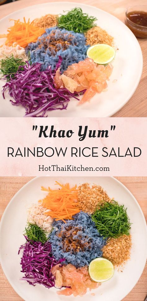 Khao Yum is a classic southern Thai dish. Naturally tinted blue rice is mixed with veggies and herbs, with a rich savoury dressing. It’s a light, healthy summery recipe you’ll love. #thaifood #thairecipe #ricesalad #glutenfree #healthy Gluten Free Asian Recipes, Thai Recipes Authentic, Rice Salad Recipes, Blue Rice, Citrus Fish, Authentic Thai Food, Rainbow Rice, Thai Street Food, Thai Dishes