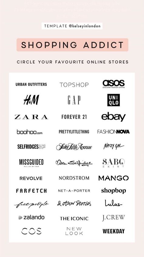 Shopping Addict Instagram Story Template to Circle Your Favorite Online Stores by @kelseyinlondon #InstaStory #StoryTemp Outfit Template, Humor Twitter, Shopping Addict, Instagram Story Questions, Instagram Questions, Luxury Brand Names, Quotes Lucu, Instagram Font, Fashion Vocabulary