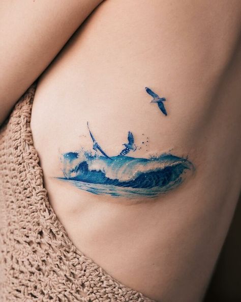 Ocean Collar Bone Tattoo, Minimalist Tattoo Colored, Blue Water Tattoo, Water Tattoo Ideas Ocean, Small Water Tattoo, Ocean Related Tattoos, Water Tattoo Ideas, Marine Life Tattoo, Tattoos Ocean