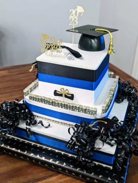 Square mold blue & black ribbon Money Cakes, Graduation Money, Money Cake, Black Ribbon, Blue Black, Ribbon, Money, Square, Cake