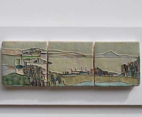 Ceramic Landscape Sculpture, Relief Tiles Ceramics, Triptych Art Ideas, Three Piece Painting, Autumn Ceramics, Landscape Ceramics, Ceramic Landscape, Ceramic Mountain, Ceramic Mural