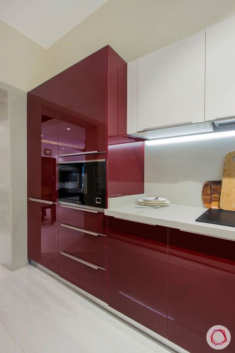 Ultra Modern Kitchen with Ample Storage Red And White Kitchen Cabinets, Kitchen Tall Cabinet, Kitchen Tall Units, Red Kitchen Cabinets, Glossy Kitchen, Ultra Modern Kitchen, Tall Unit, Tall Kitchen Cabinets, Red And White Kitchen