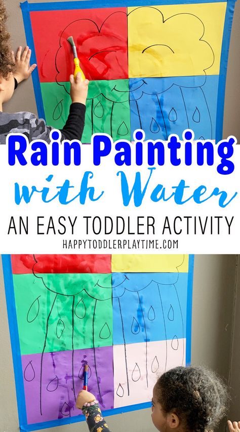 Rain Painting with Water: Easy Spring Activity - HAPPY TODDLER PLAYTIME Rain Sensory Activity, April Showers Toddler Crafts, April Showers Lesson Plans For Preschool, Rain Activities For Infants, April Showers Theme Preschool, April Infant Activities, Rain Activity For Toddlers, Rain Crafts For Infants, Umbrella Activities For Toddlers