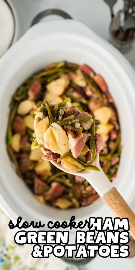 Slow cooker ham and potatoes with green beans Ham Green Beans Potatoes, Ham Green Beans And Potatoes, Juicy Ham, Recipe For Ham, Ham And Green Beans, Slow Cooker Ham Recipes, Slow Cooker Green Beans, Beans And Potatoes, Beans In Crockpot