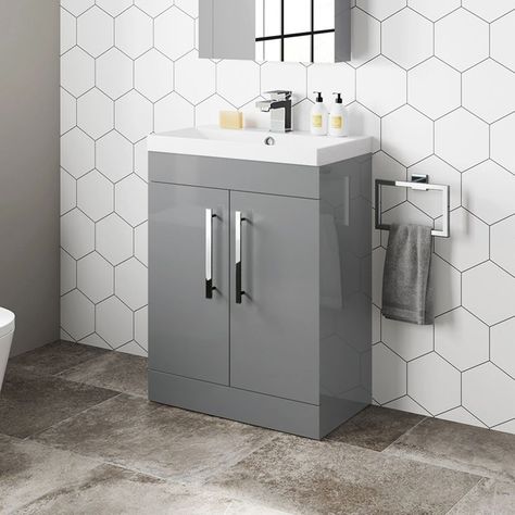 Grey Bathroom Floor, Bathroom Mountain, Grey Vanity Unit, Designer Bathrooms, Grey Vanity, Floor Standing Vanity, Modern Basin, Freestanding Bath Taps, Plumbing Accessories