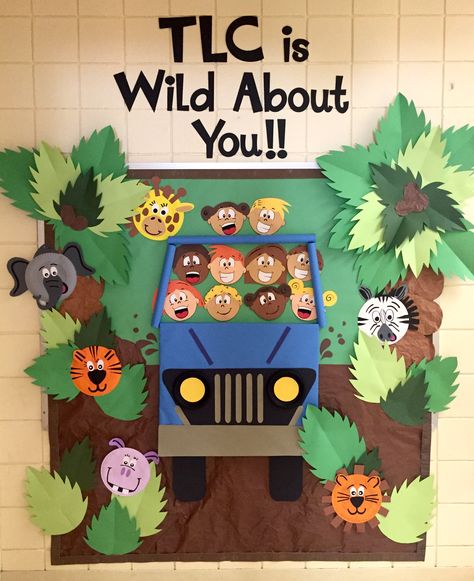 Back to School Bulletin Board. Animal Jungle Theme Bulletin Board Jungle Theme, Wild Animals Theme Board Preschool, Jungle Theme Classroom Family Tree, Jungle Bulletin Board Ideas Classroom Decor, Wild Animals Classroom Theme, Wild Animals Board Decoration, Jungle Room Theme Classroom, Jungle Board Ideas Classroom Themes, Jungle Theme For School